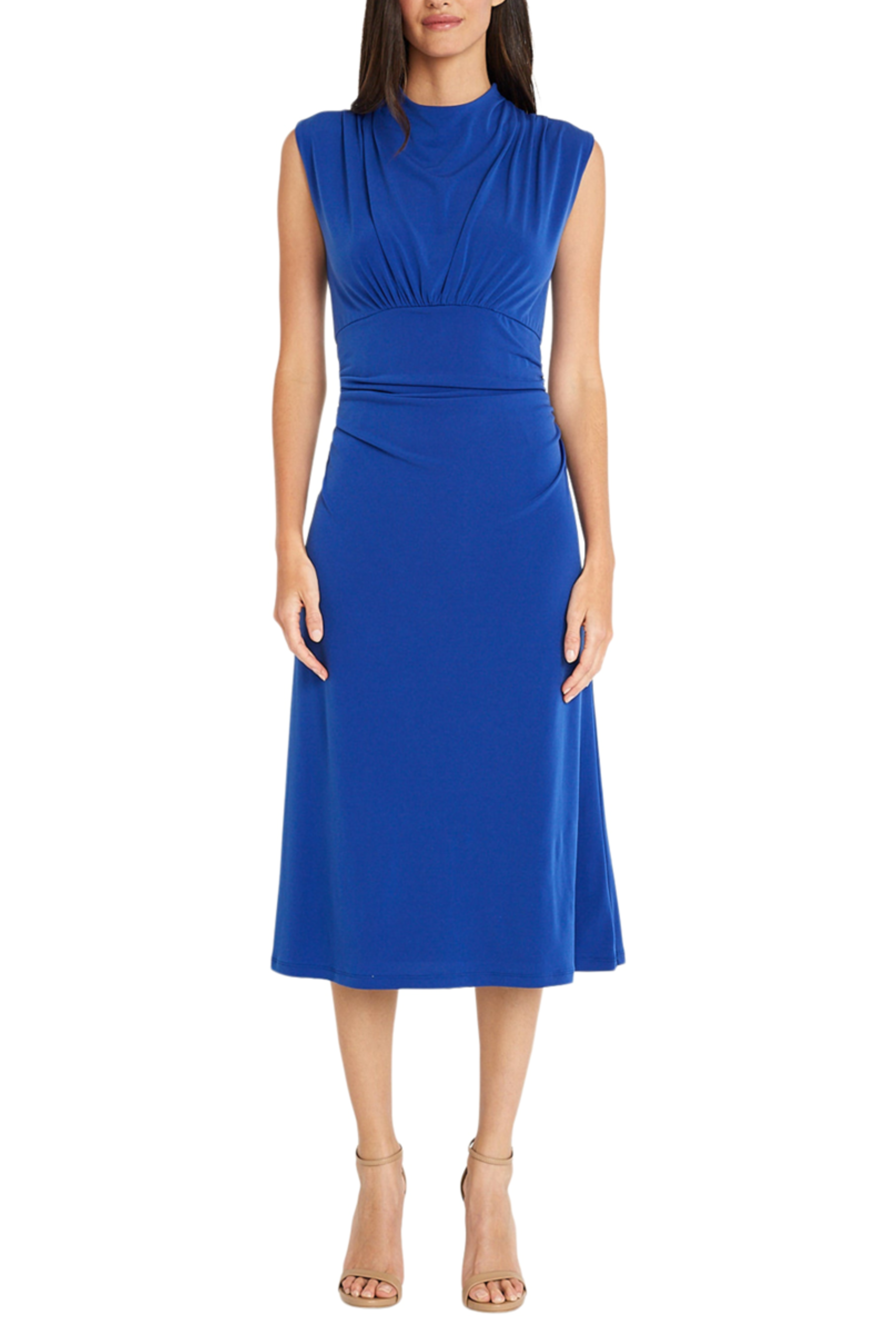 Mock Neck Cap Sleeve Marazine Blue Pleated Ruched Keyhole Back Jersey Midi Dress by Maggy London G5956M