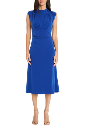 Maggy London G5956M Mock Neck Cap Sleeve Marazine Blue Pleated Ruched Keyhole Back Jersey Midi Dress