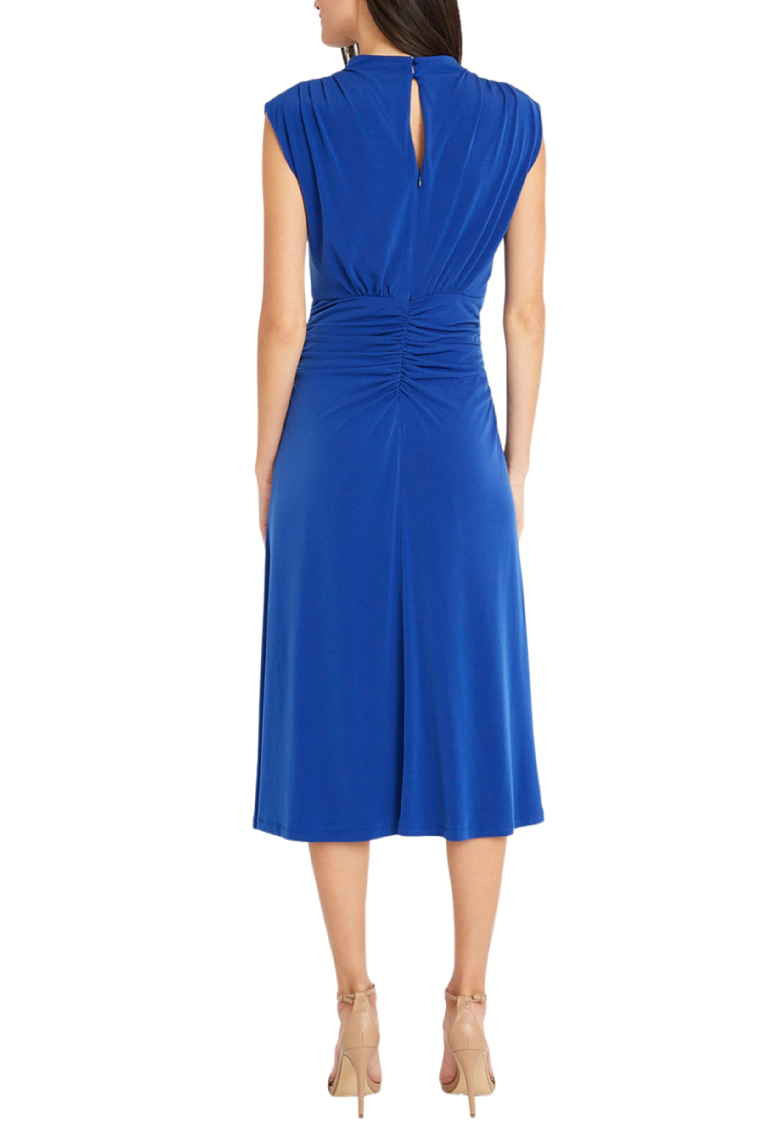 Mock Neck Cap Sleeve Marazine Blue Pleated Ruched Keyhole Back Jersey Midi Dress by Maggy London G5956M