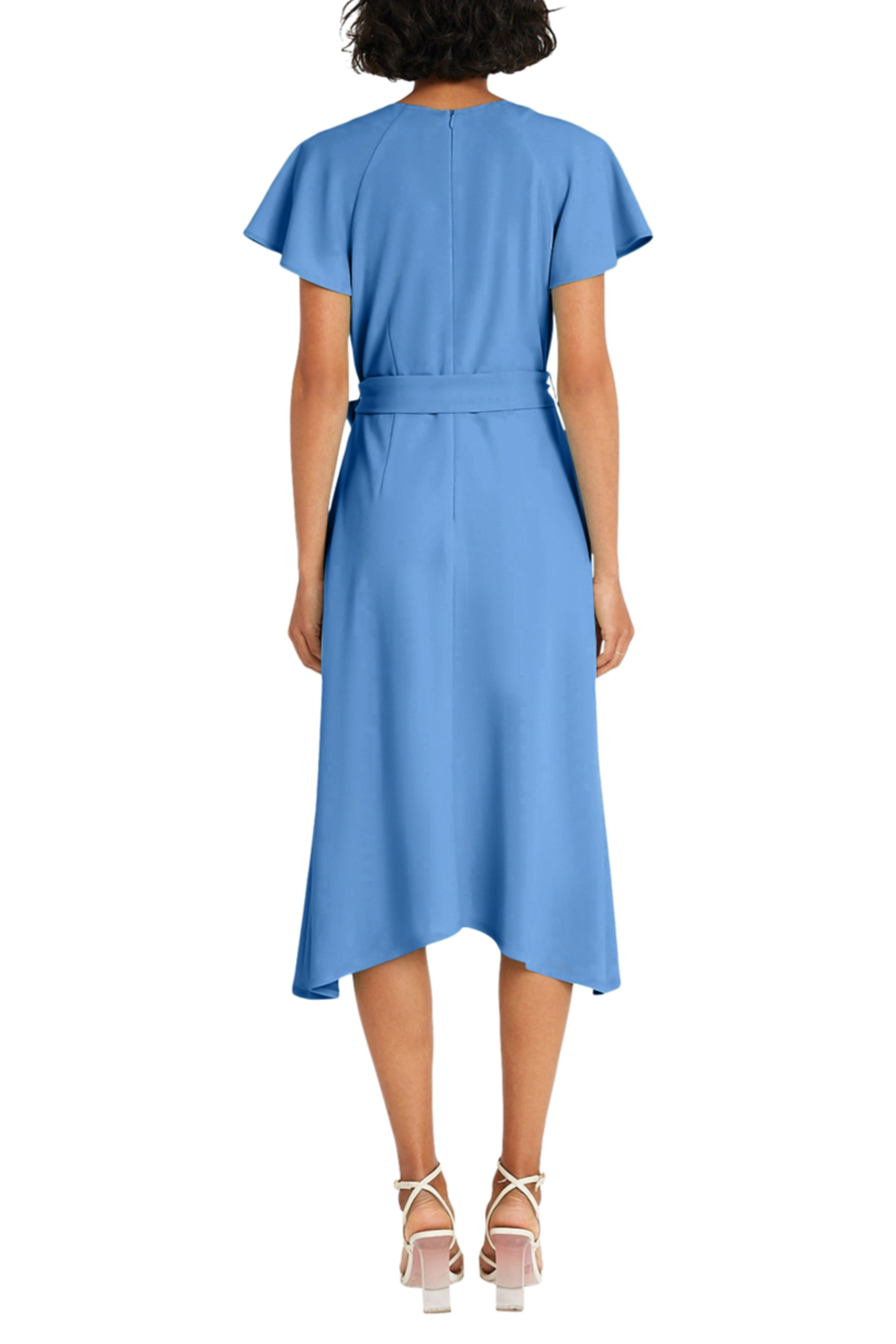 Flutter Sleeve Belted Bluebonnet Crew Neckline Short Flutter Sleeve Sash Belt Scuba Crepe Midi Dress by Maggy London G5959M