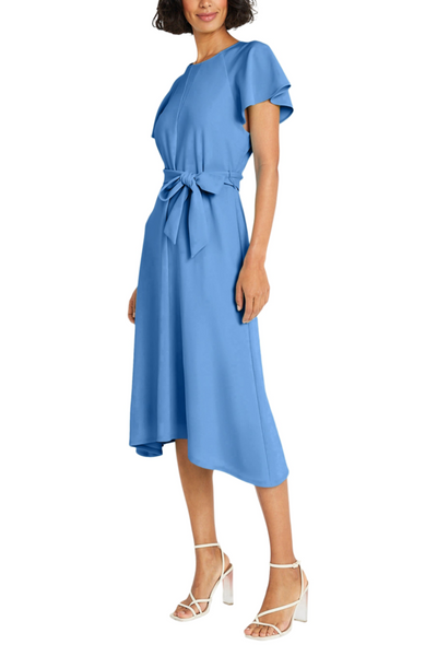 Flutter Sleeve Belted Bluebonnet Crew Neckline Short Flutter Sleeve Sash Belt Scuba Crepe Midi Dress by Maggy London G5959M