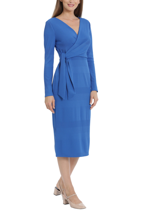 Long Sleeve Textured Faux Princess Blue Surplice V-Neck Side Tie Side Slit Ribbed Jersey Wrap Dress by Maggy London G5975M