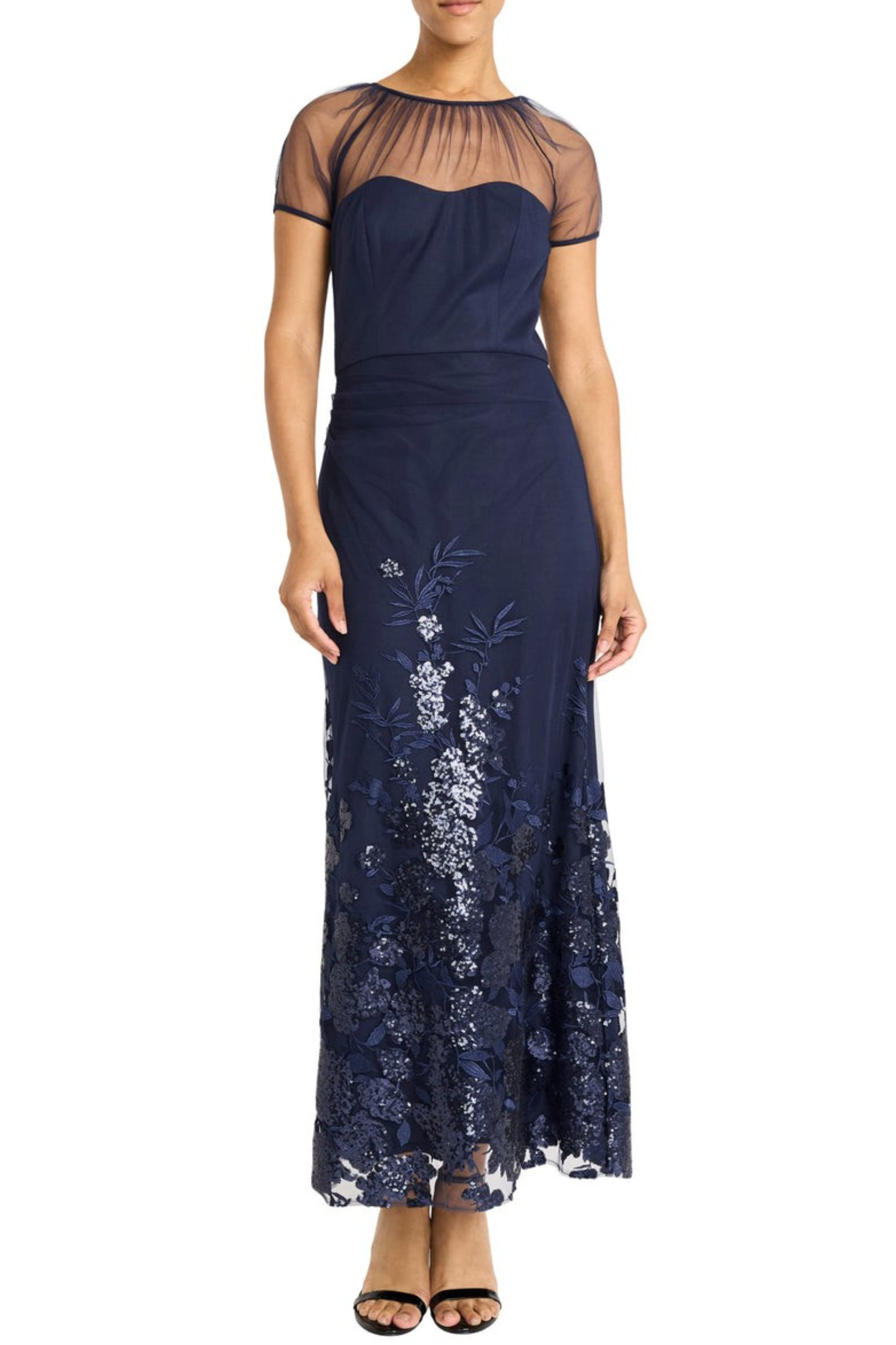 Beaded Tulle Navy Illusion Neckline Short Sleeve Evening Gown by Maggy London G5981M
