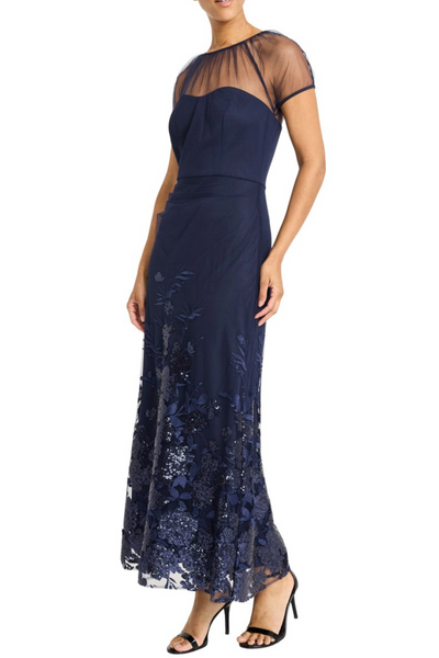 Beaded Tulle Navy Illusion Neckline Short Sleeve Evening Gown by Maggy London G5981M