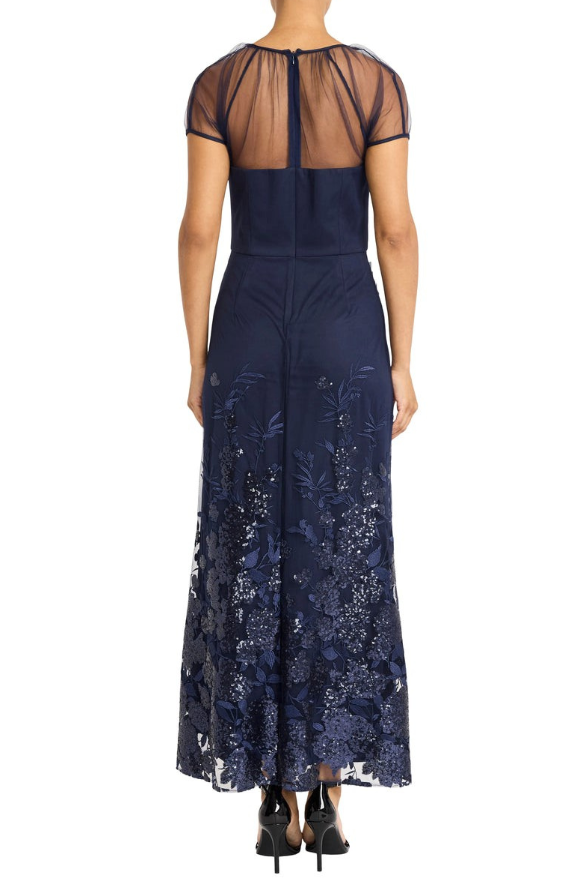 Beaded Tulle Navy Illusion Neckline Short Sleeve Evening Gown by Maggy London G5981M