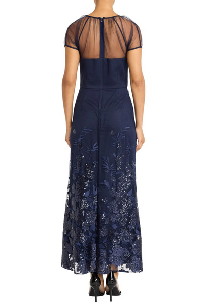 Beaded Tulle Navy Illusion Neckline Short Sleeve Evening Gown by Maggy London G5981M
