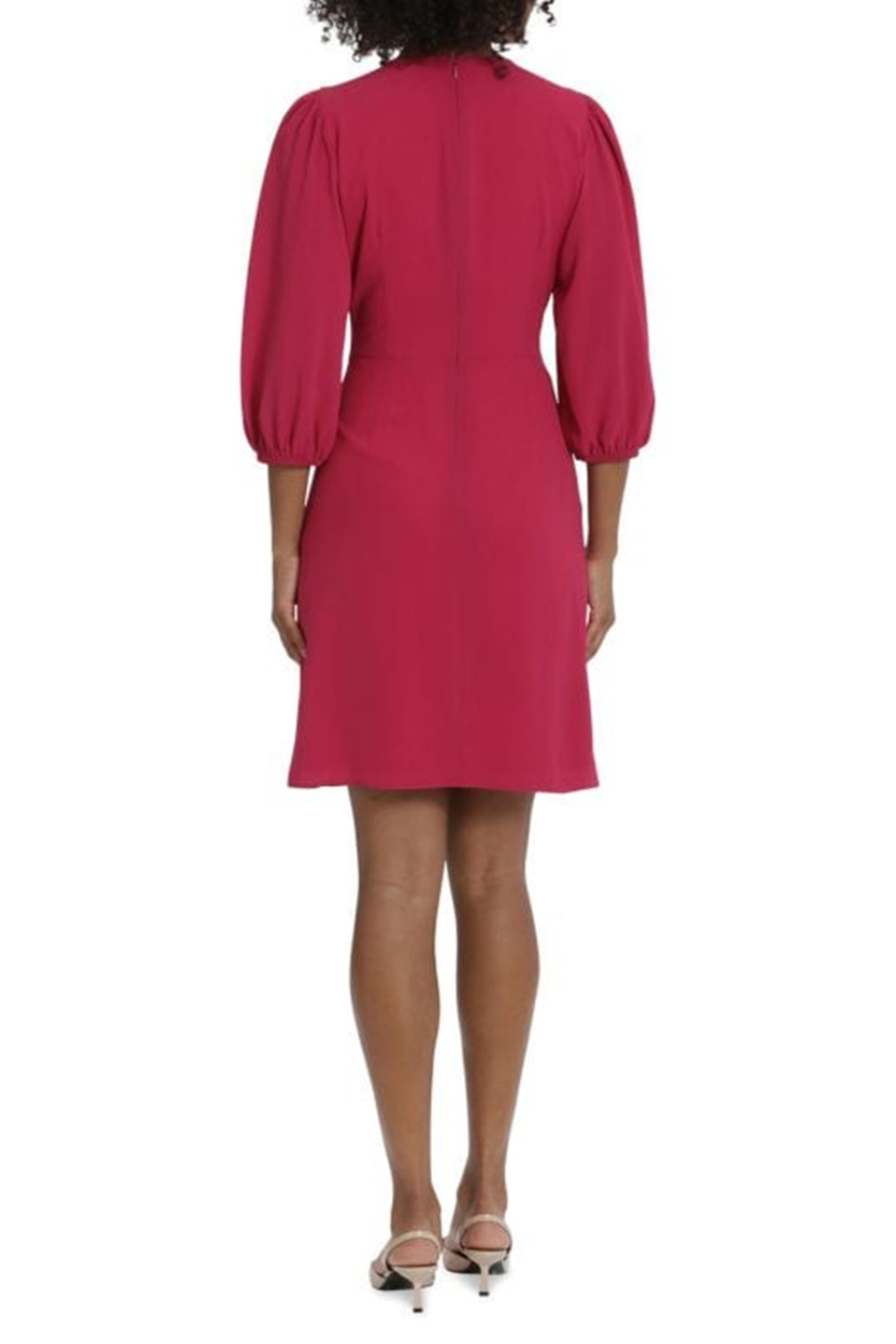 3/4 Sleeve Pleated Waist Cherry Jubi Crew Neckline Long Balloon Sleeve Bubble Crepe Sheath Dress by Maggy London G5983M