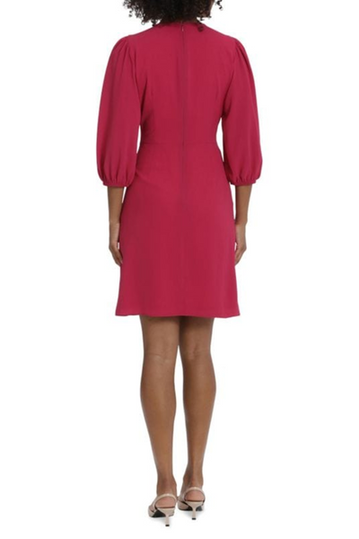 3/4 Sleeve Pleated Waist Cherry Jubi Crew Neckline Long Balloon Sleeve Bubble Crepe Sheath Dress by Maggy London G5983M