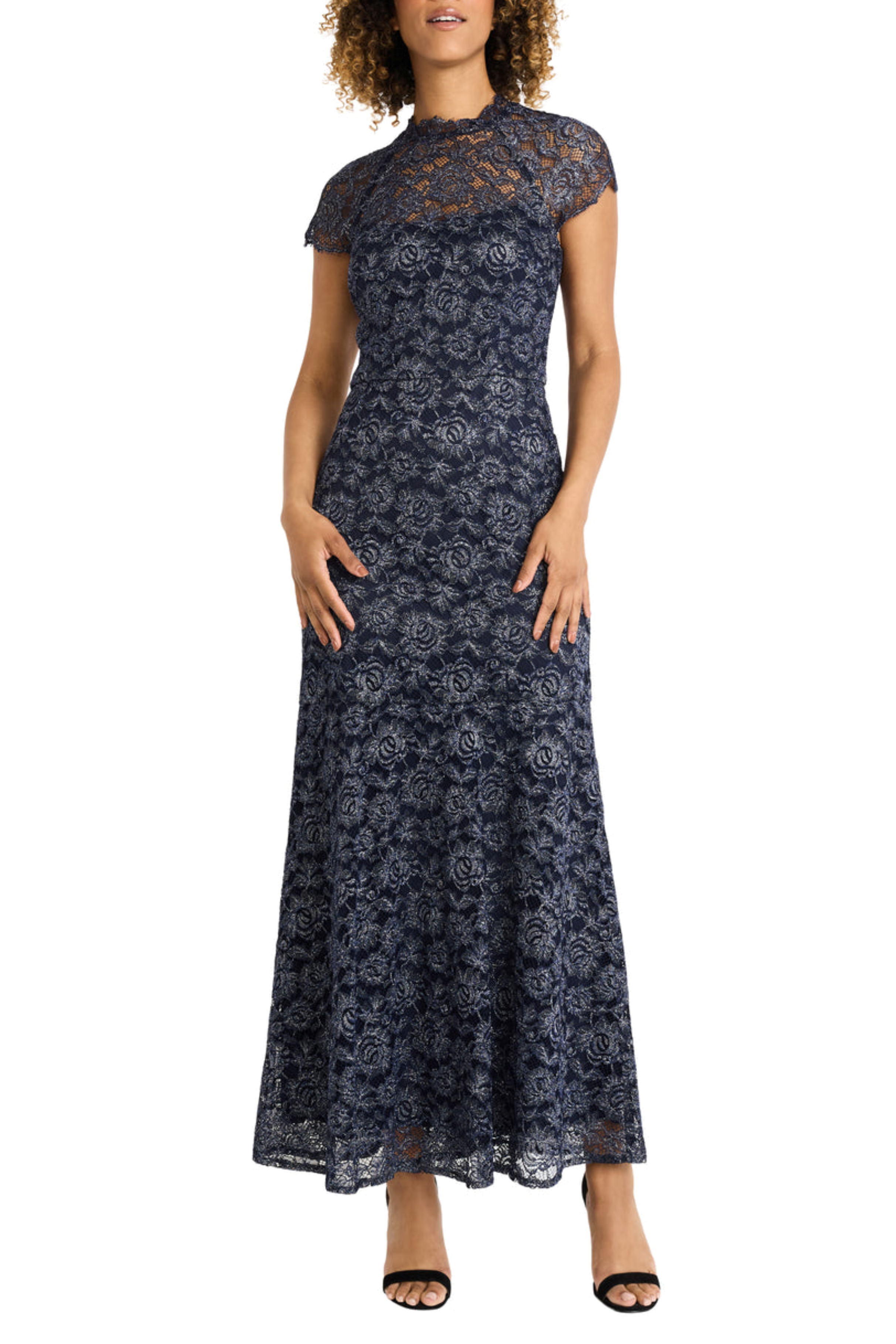 Illusion Neckline Metallic Lace Navy Blazer Cap Sleeve Dress by Maggy London G6005M