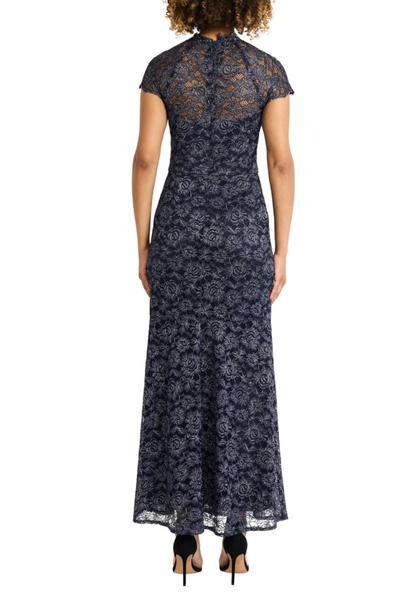 Illusion Neckline Metallic Lace Navy Blazer Cap Sleeve Dress by Maggy London G6005M