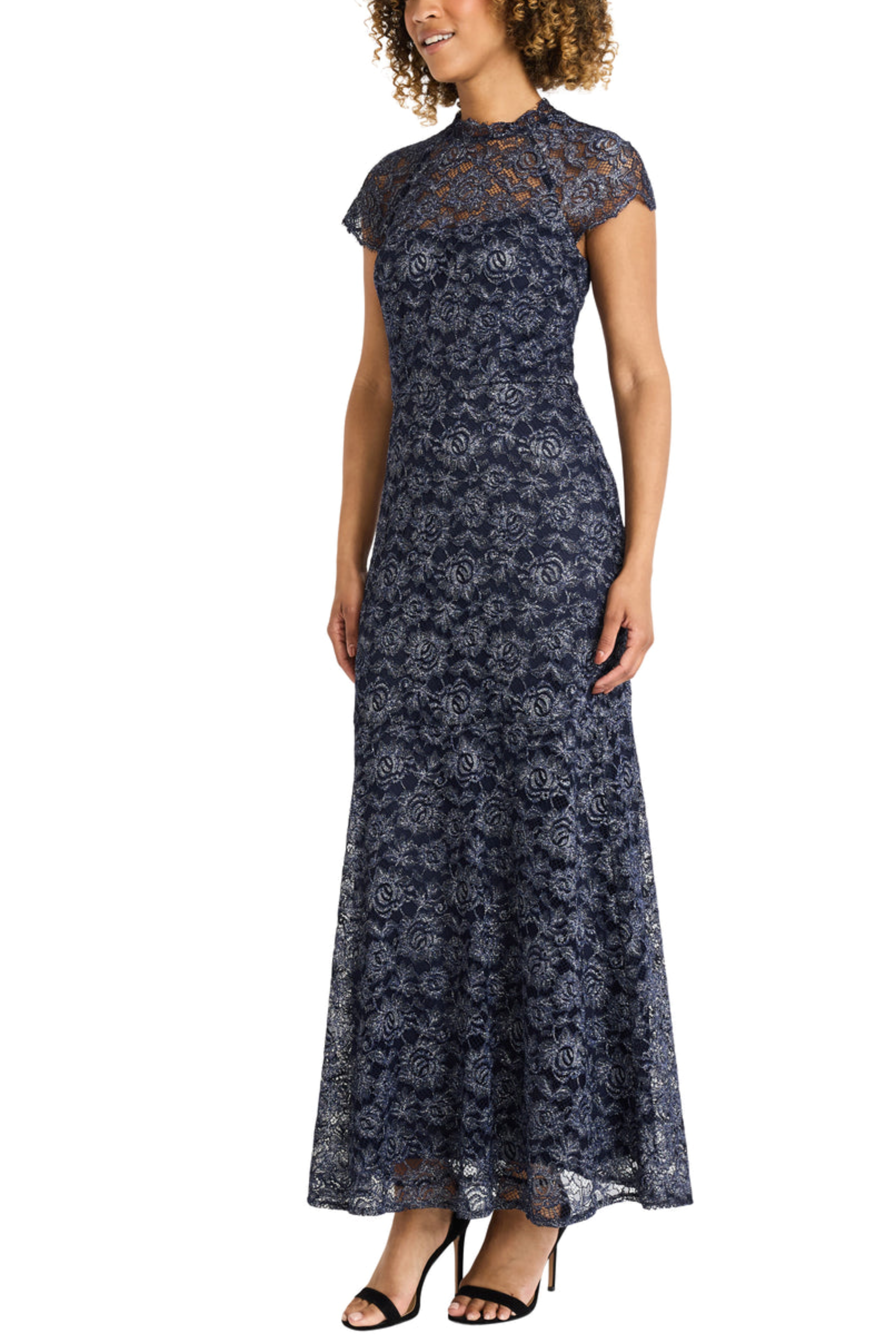 Illusion Neckline Metallic Lace Navy Blazer Cap Sleeve Dress by Maggy London G6005M