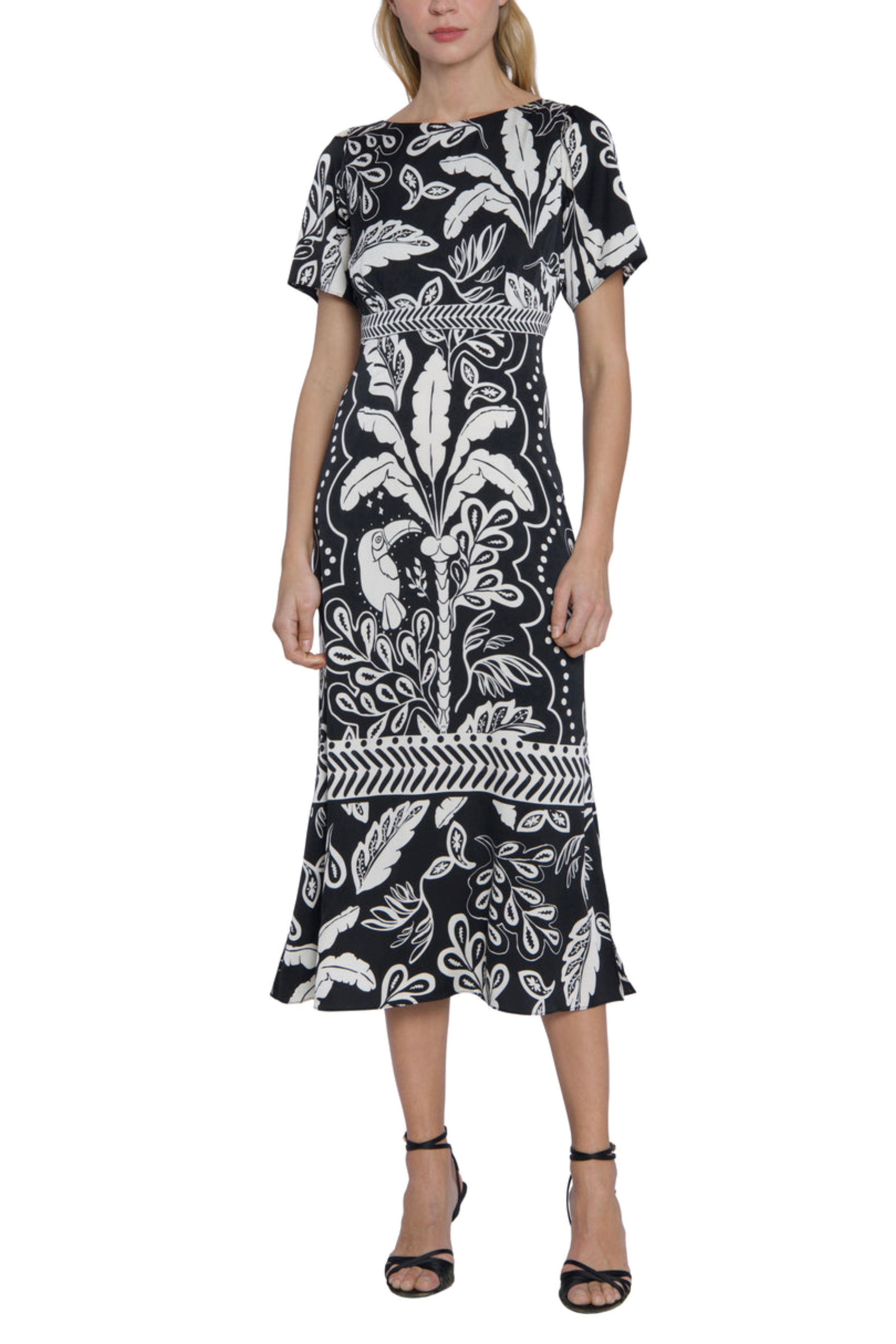 Leaf Print Short Sleeve Beige Boat Neckline Sash Belt Side Slit Charmeuse Midi Dress by Maggy London G6019M