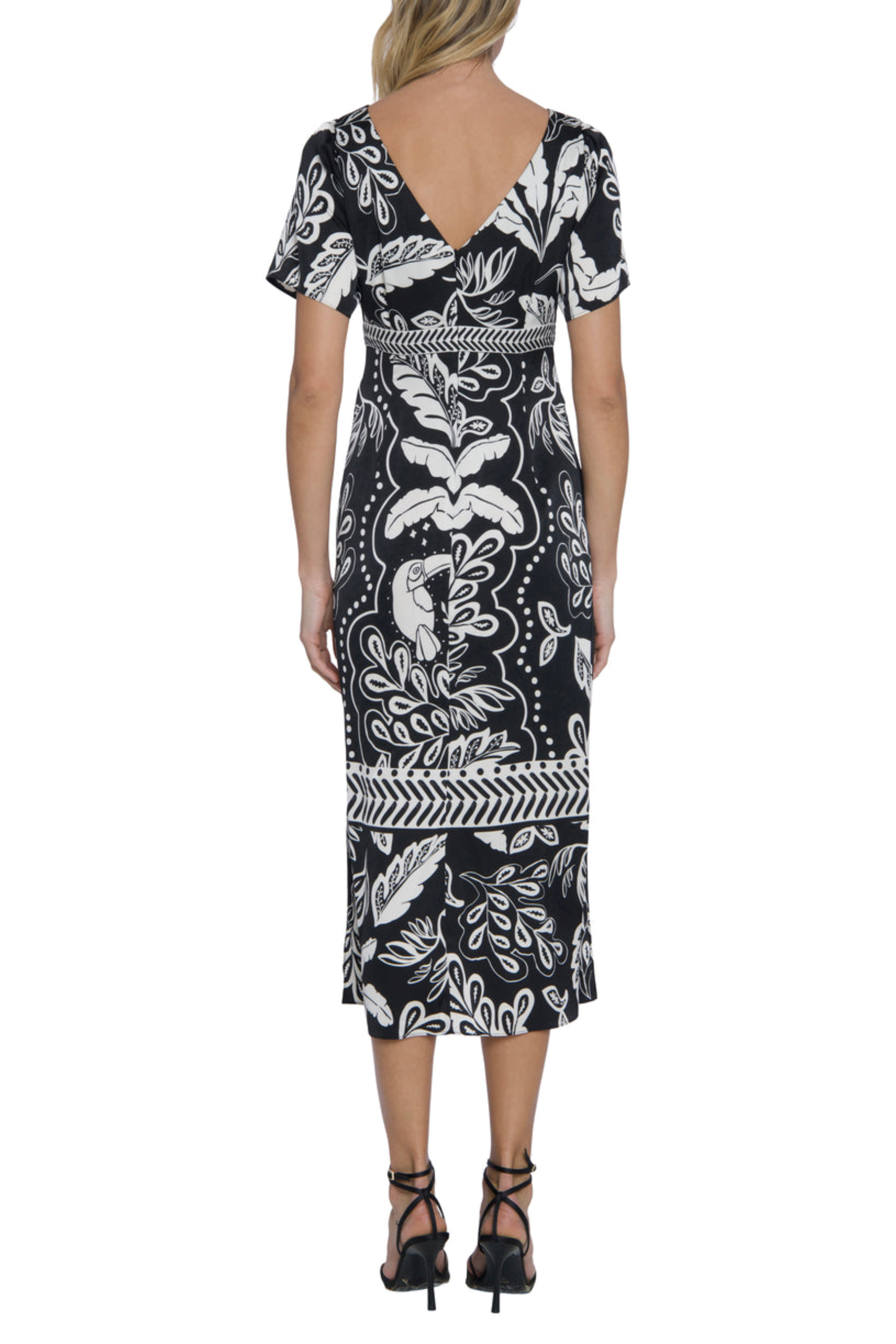 Leaf Print Short Sleeve Beige Boat Neckline Sash Belt Side Slit Charmeuse Midi Dress by Maggy London G6019M