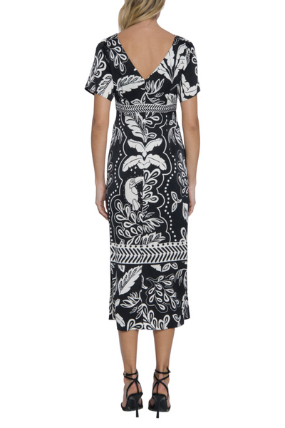 Leaf Print Short Sleeve Beige Boat Neckline Sash Belt Side Slit Charmeuse Midi Dress by Maggy London G6019M