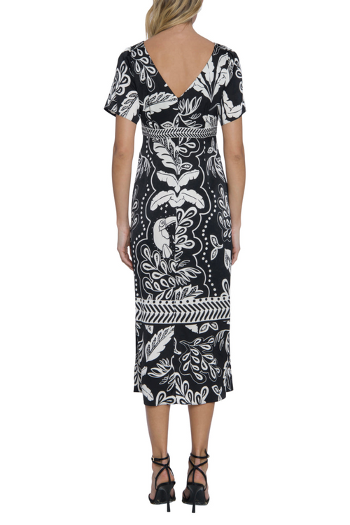Leaf Print Short Sleeve Beige Boat Neckline Sash Belt Side Slit Charmeuse Midi Dress by Maggy London G6019M