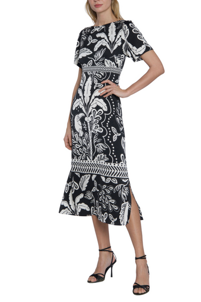 Leaf Print Short Sleeve Beige Boat Neckline Sash Belt Side Slit Charmeuse Midi Dress by Maggy London G6019M