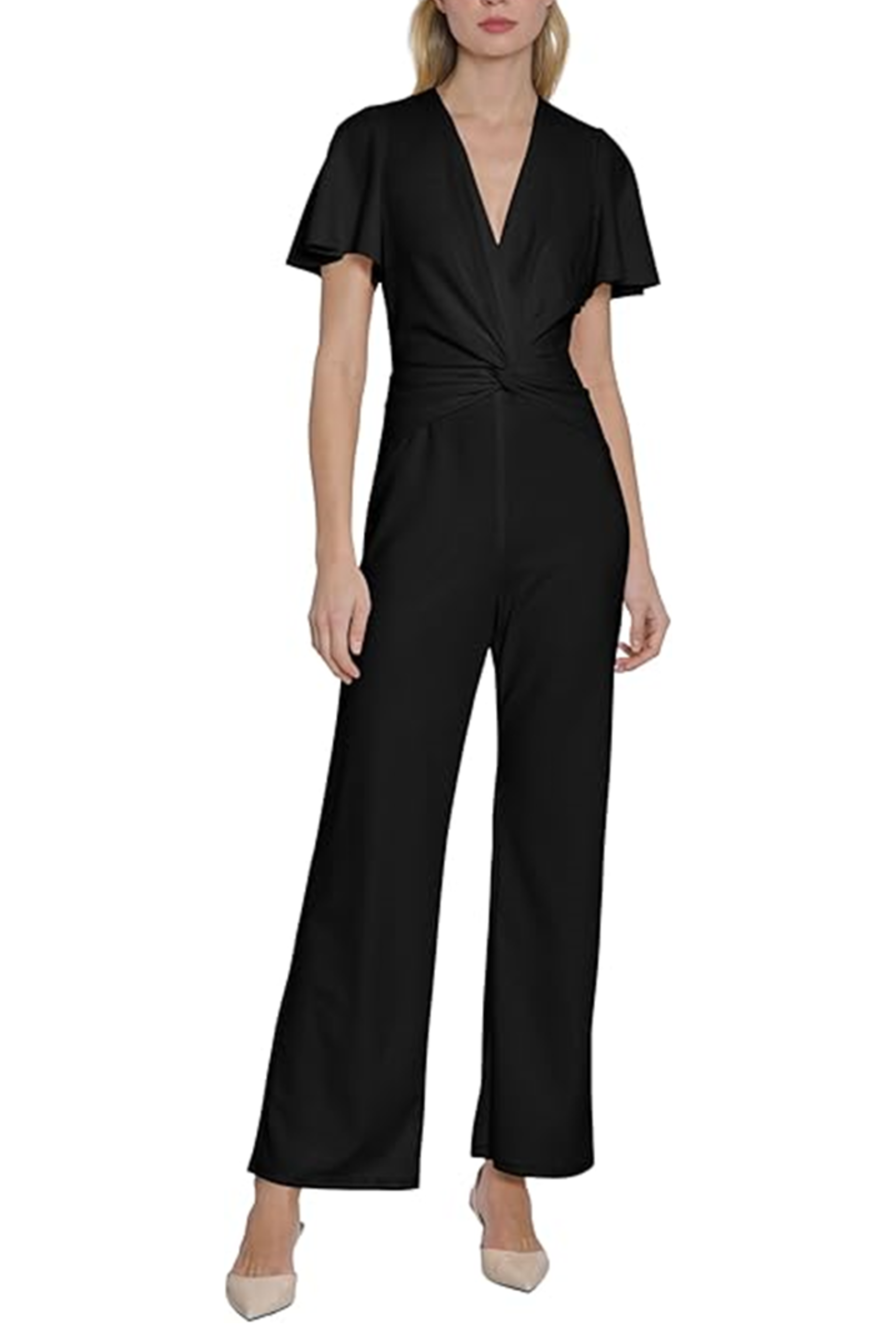 Short Sleeve V-Neck Black Surplice V-Neck Short Flutter Sleeve Scuba Crepe Wide Leg Jumpsuit by Maggy London G6023M