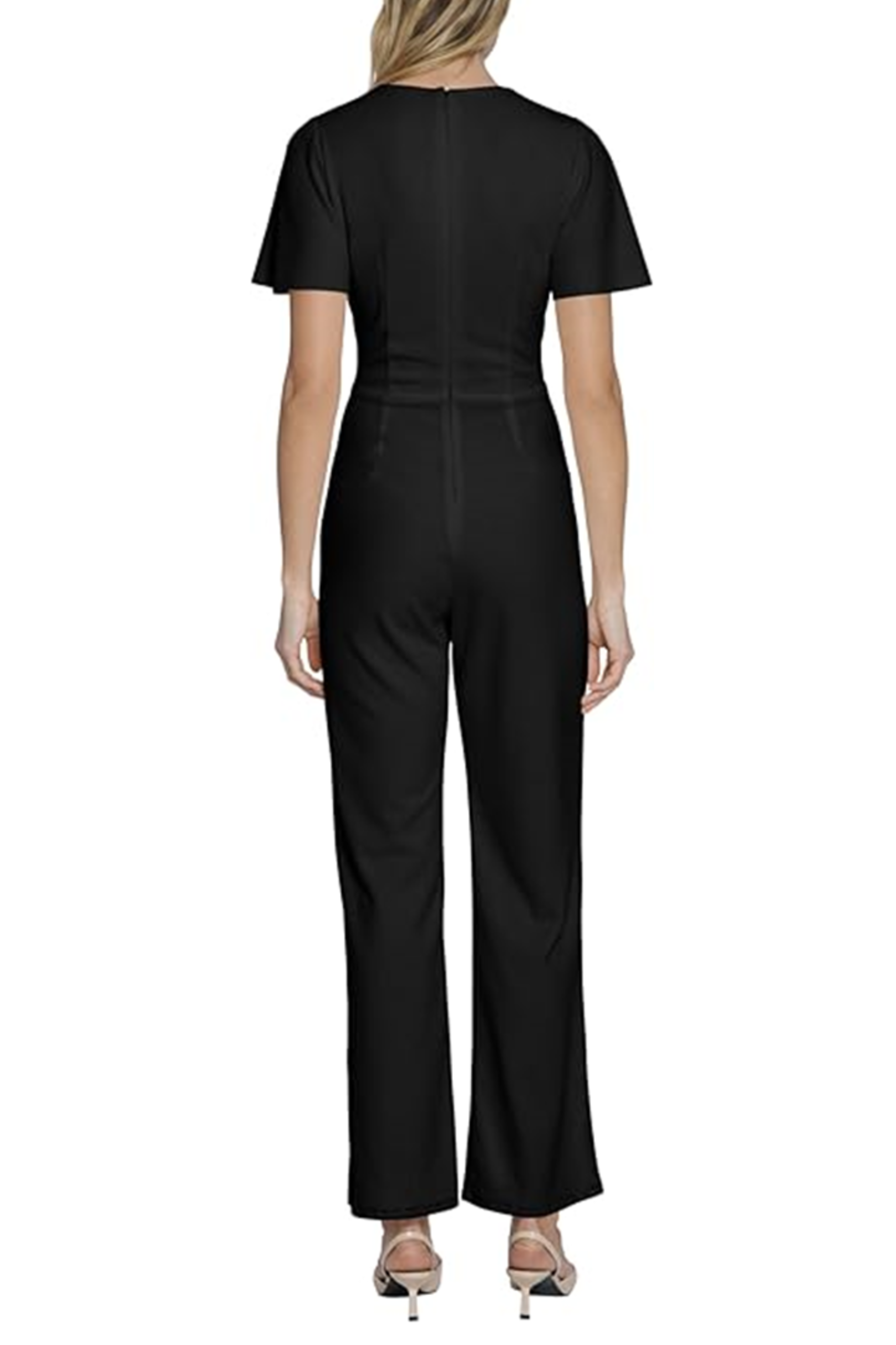 Short Sleeve V-Neck Black Surplice V-Neck Short Flutter Sleeve Scuba Crepe Wide Leg Jumpsuit by Maggy London G6023M