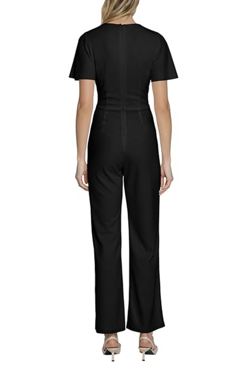 Short Sleeve V-Neck Black Surplice V-Neck Short Flutter Sleeve Scuba Crepe Wide Leg Jumpsuit by Maggy London G6023M