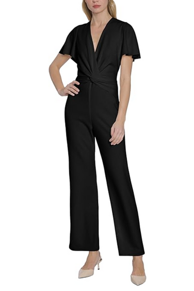 Short Sleeve V-Neck Black Surplice V-Neck Short Flutter Sleeve Scuba Crepe Wide Leg Jumpsuit by Maggy London G6023M