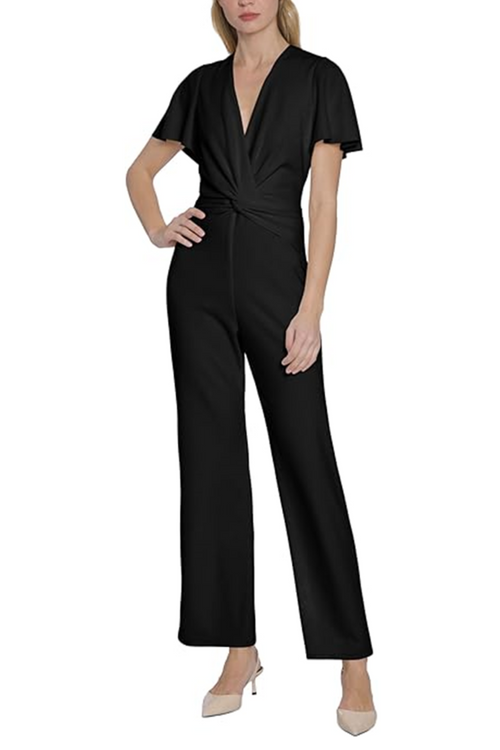 Short Sleeve V-Neck Black Surplice V-Neck Short Flutter Sleeve Scuba Crepe Wide Leg Jumpsuit by Maggy London G6023M