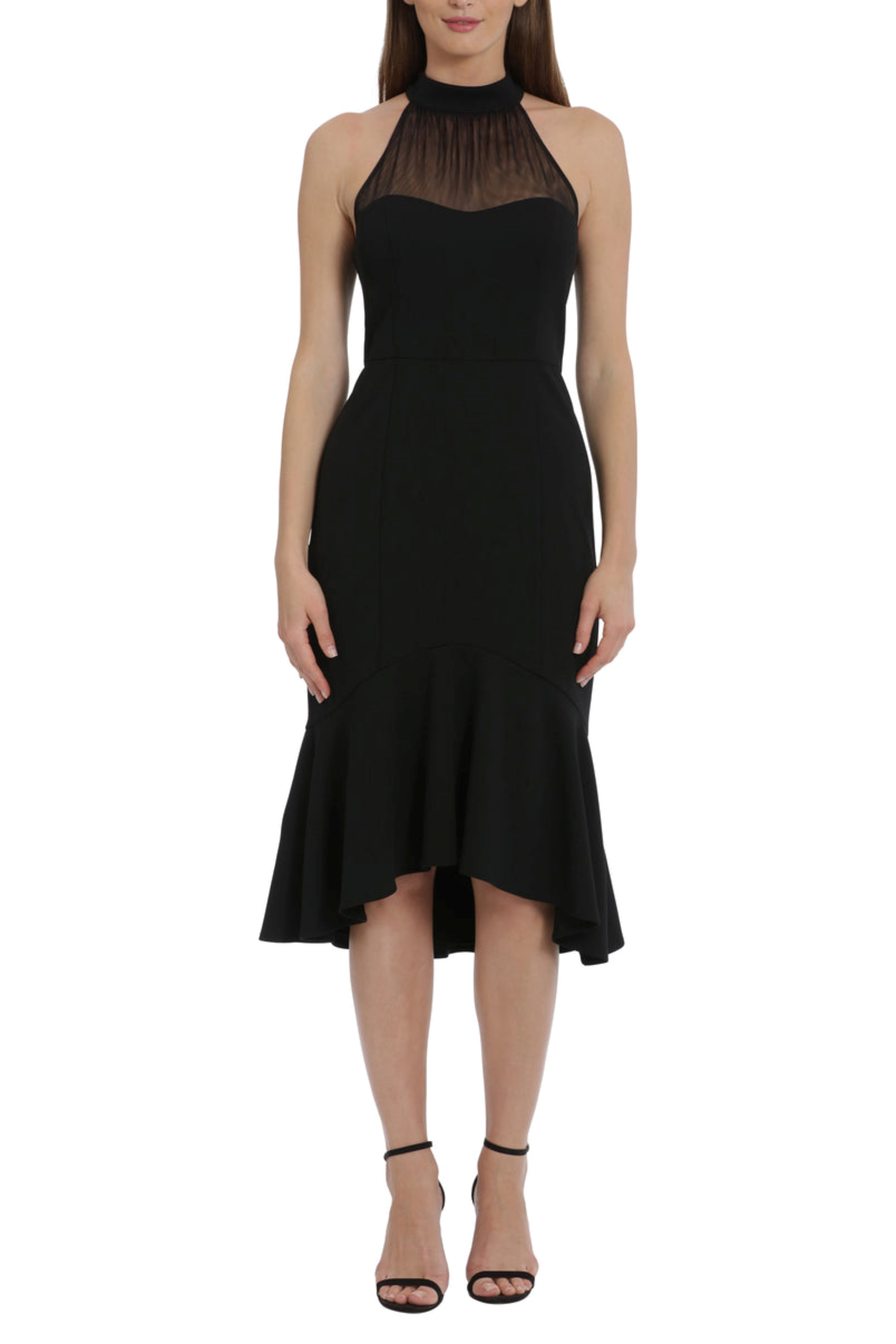 Illusion Neck High Low Halter Black Halter Neck Scuba Crepe Tulle Dress by Maggy London G6038M