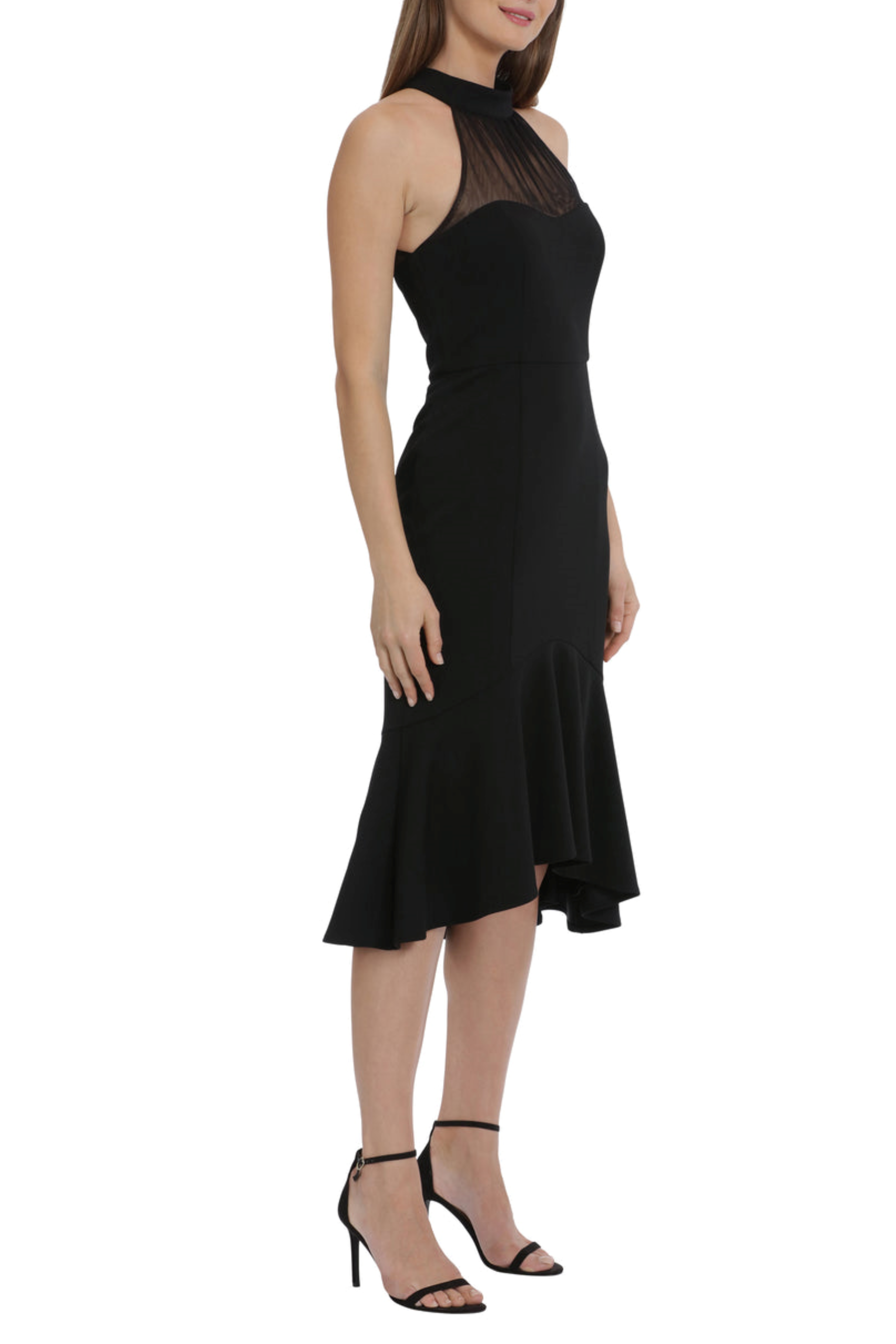 Illusion Neck High Low Halter Black Halter Neck Scuba Crepe Tulle Dress by Maggy London G6038M