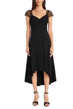 Maggy London G6051M Beaded Cap Sleeve High Low Black Sweetheart Neckline Pleated Scuba Crepe Beaded Tulle Midi Dress