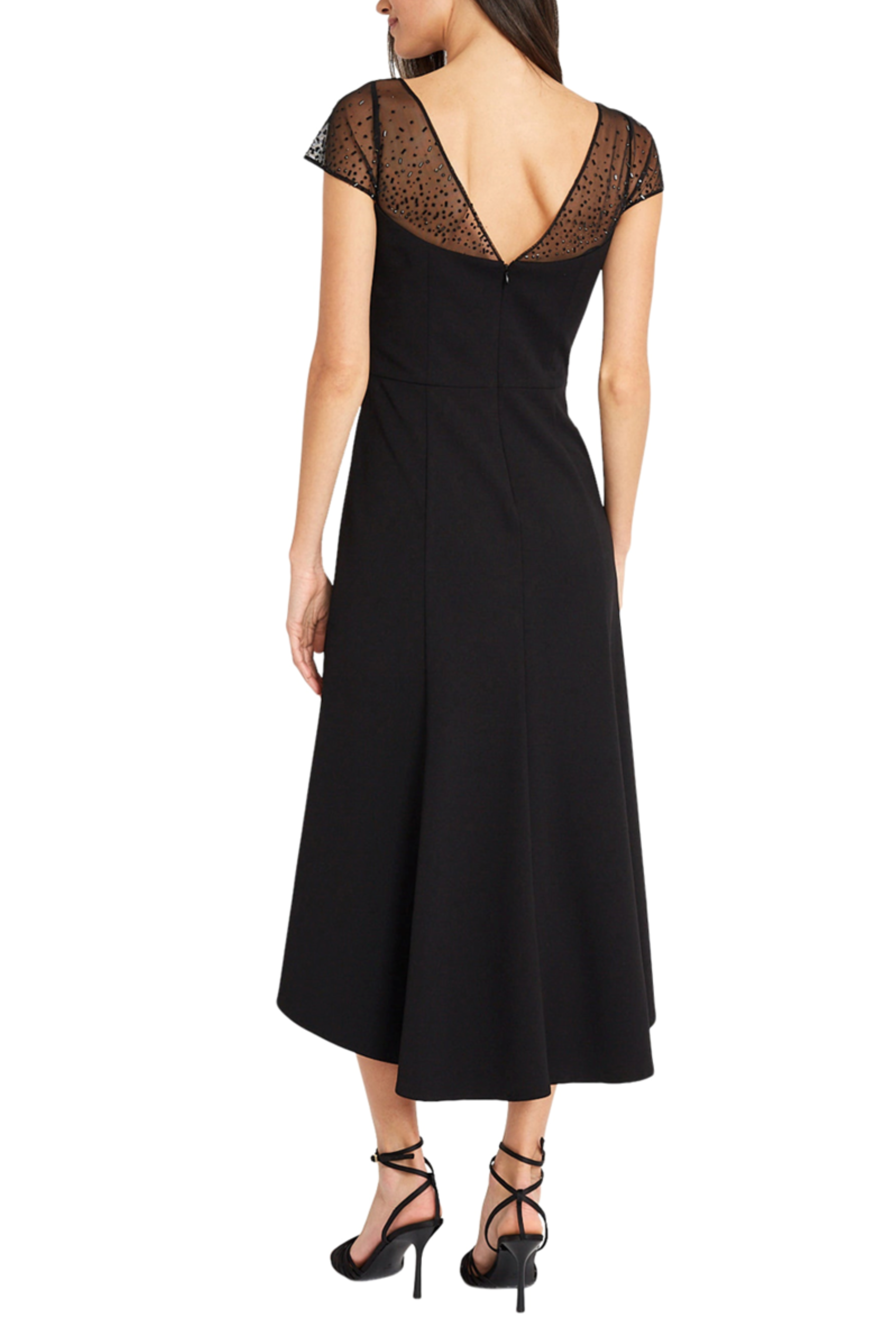 Beaded Cap Sleeve High Low Black Sweetheart Neckline Pleated Scuba Crepe Beaded Tulle Midi Dress by Maggy London G6051M