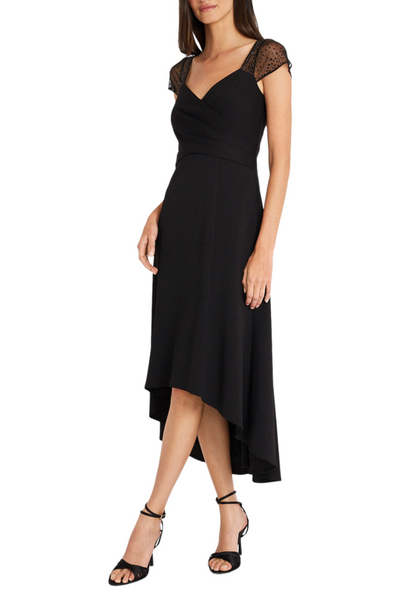 Beaded Cap Sleeve High Low Black Sweetheart Neckline Pleated Scuba Crepe Beaded Tulle Midi Dress by Maggy London G6051M
