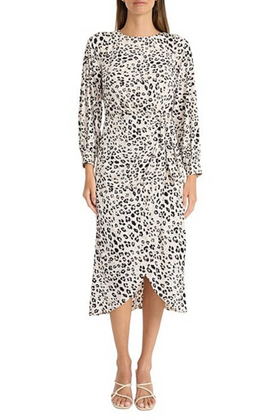 Maggy London G6070M Long Sleeve Animal Print Ivory Black Round Neckline Jersey Midi Dress