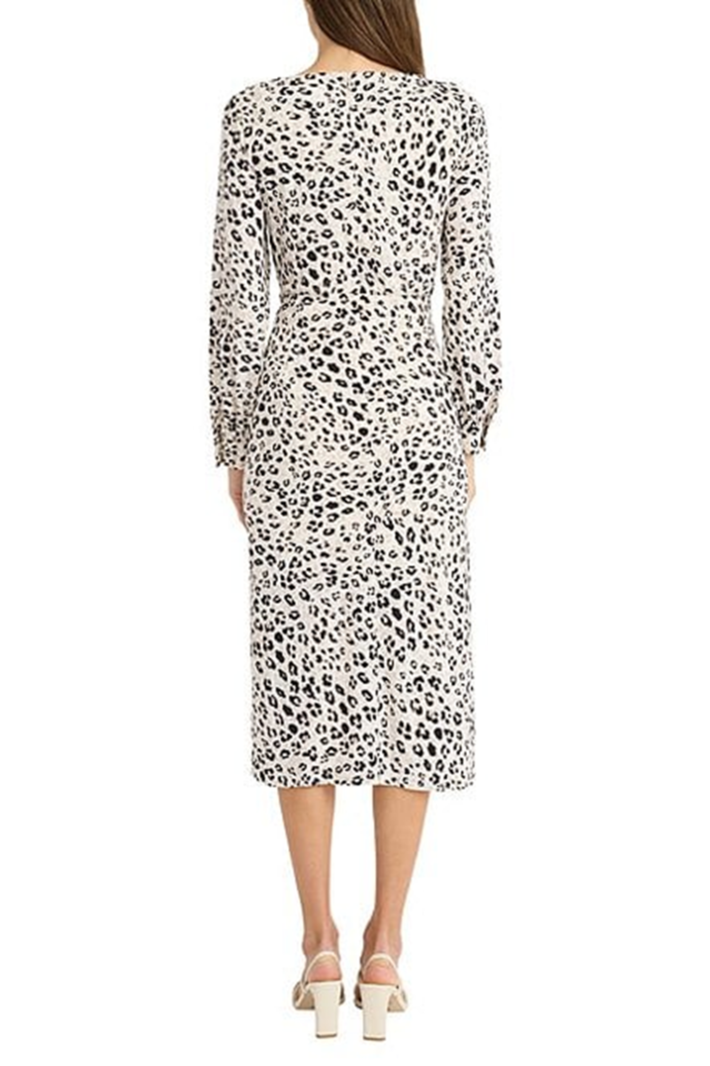 Long Sleeve Animal Print Ivory Black Round Neckline Jersey Midi Dress by Maggy London G6070M