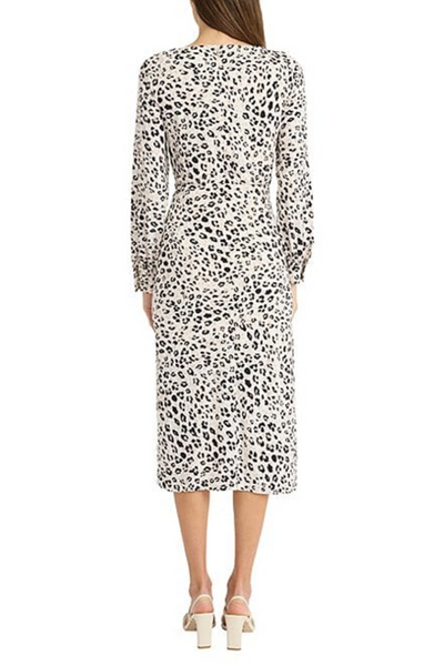 Long Sleeve Animal Print Ivory Black Round Neckline Jersey Midi Dress by Maggy London G6070M