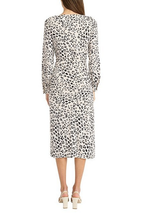 Long Sleeve Animal Print Ivory Black Round Neckline Jersey Midi Dress by Maggy London G6070M