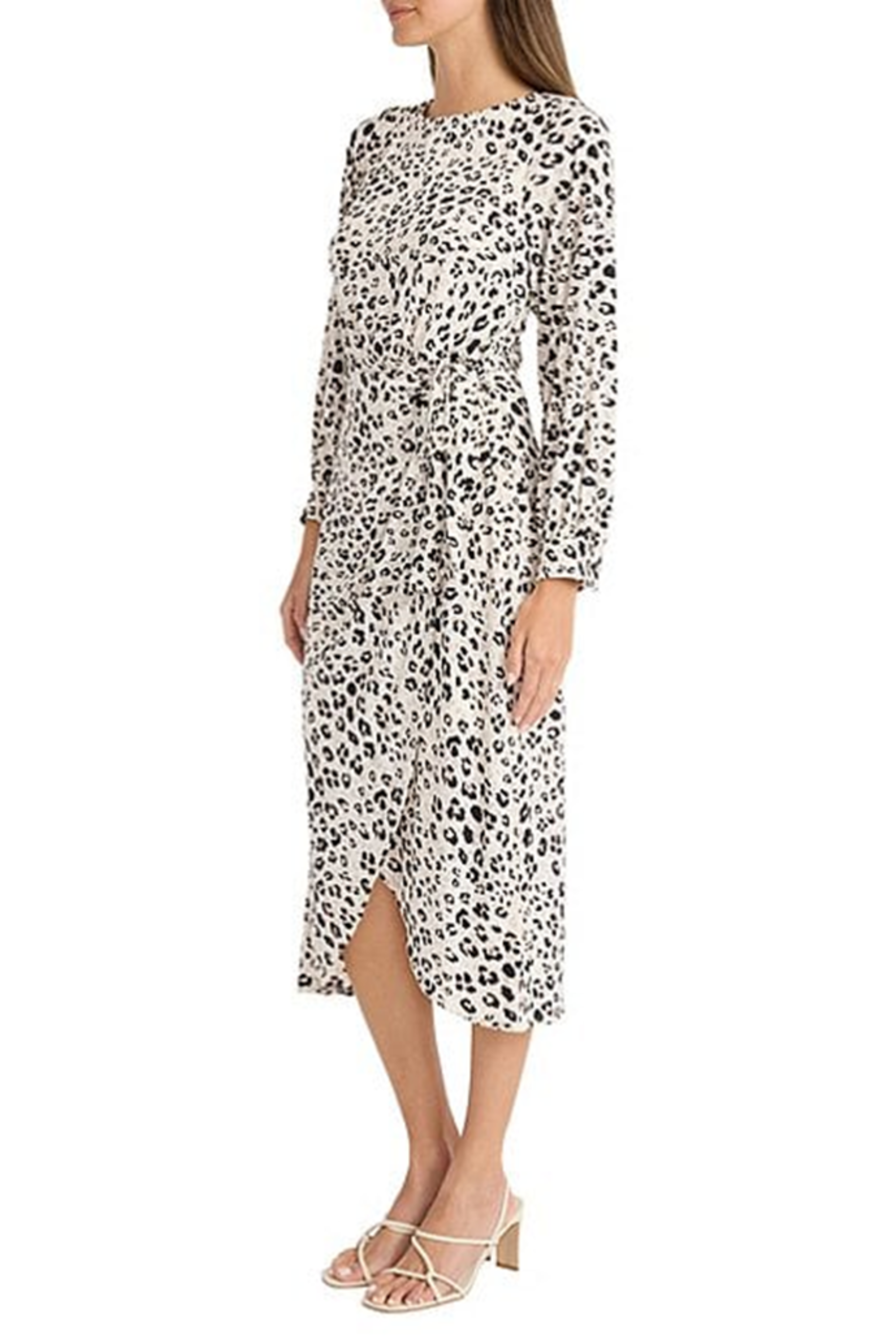 Long Sleeve Animal Print Ivory Black Round Neckline Jersey Midi Dress by Maggy London G6070M