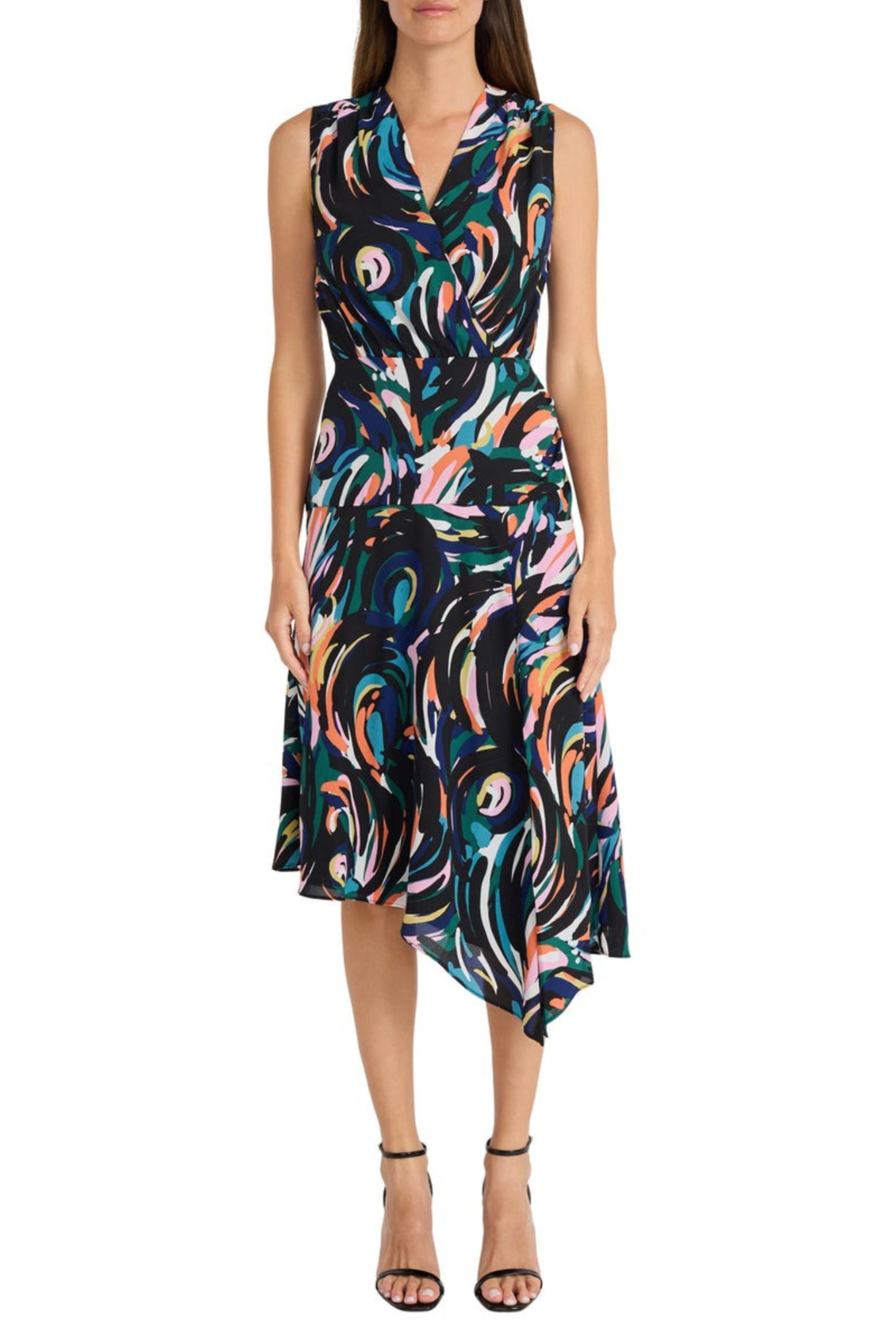 Sleeveless Midi Day Black Green Asymmetrical Hem Dress by Maggy London G6083M