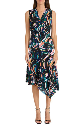 Maggy London G6083M Sleeveless Midi Day Black Green Asymmetrical Hem Dress