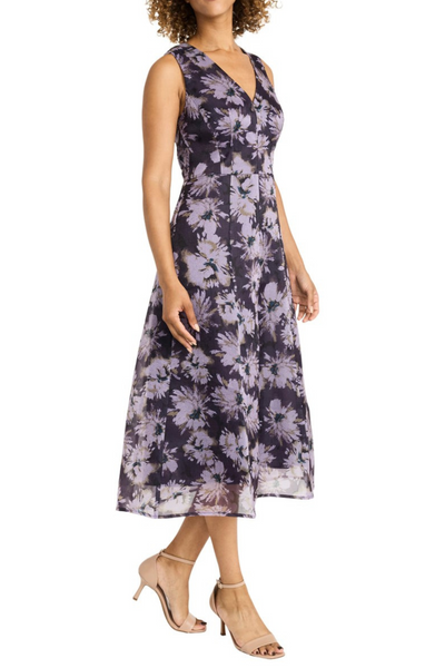 Sleeveless Evening Black Gunmetal V-Neck Organza Midi Dress by Maggy London G8188M