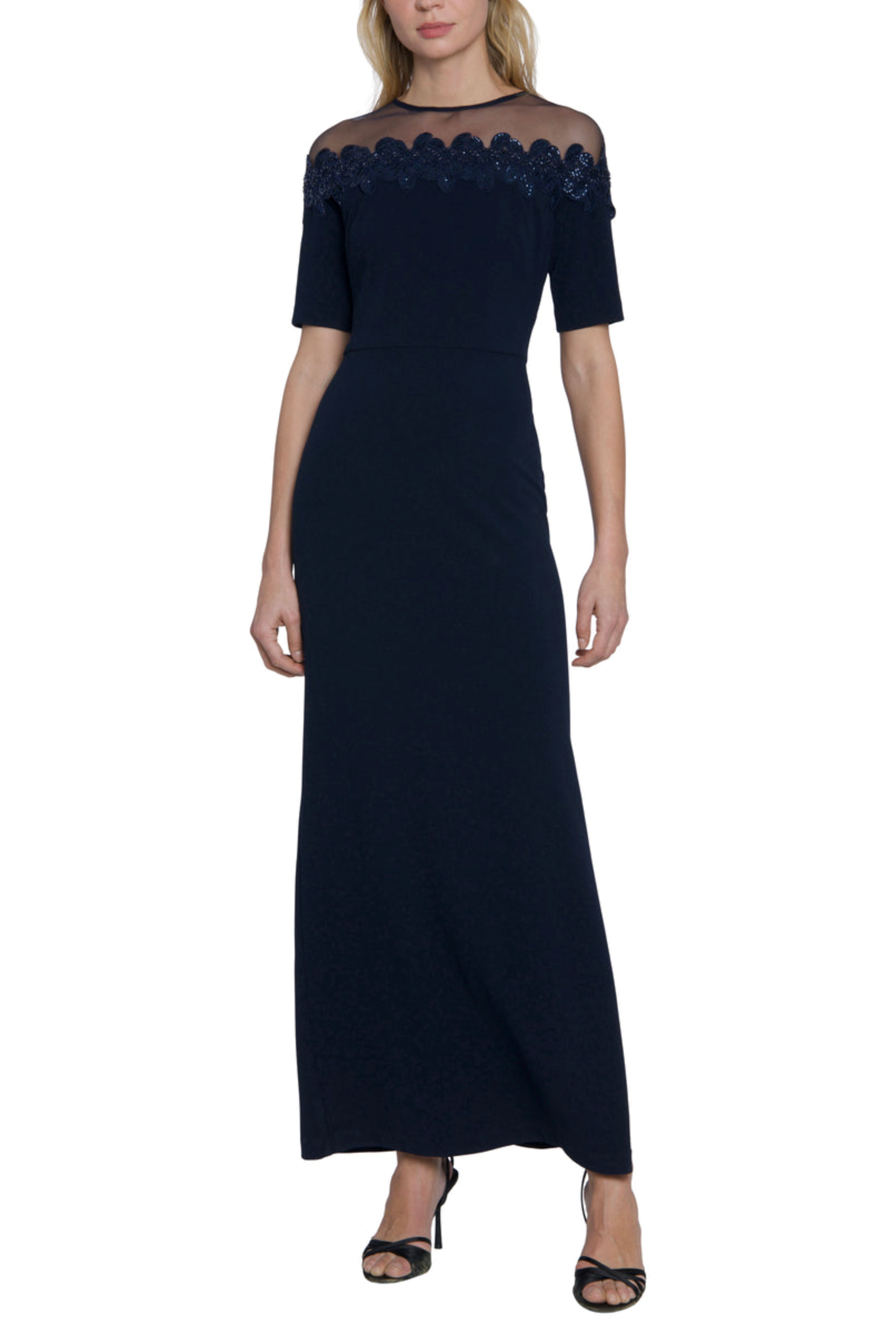 Embellished Illusion Neckline Twilight Navy Above the Elbow Sleeve Floral Print Sequin Beaded Dress by Maggy London G6212M