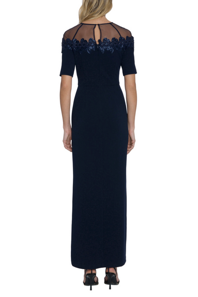 Embellished Illusion Neckline Twilight Navy Above the Elbow Sleeve Floral Print Sequin Beaded Dress by Maggy London G6212M