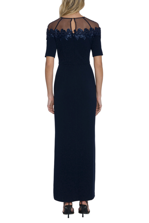 Embellished Illusion Neckline Twilight Navy Above the Elbow Sleeve Floral Print Sequin Beaded Dress by Maggy London G6212M
