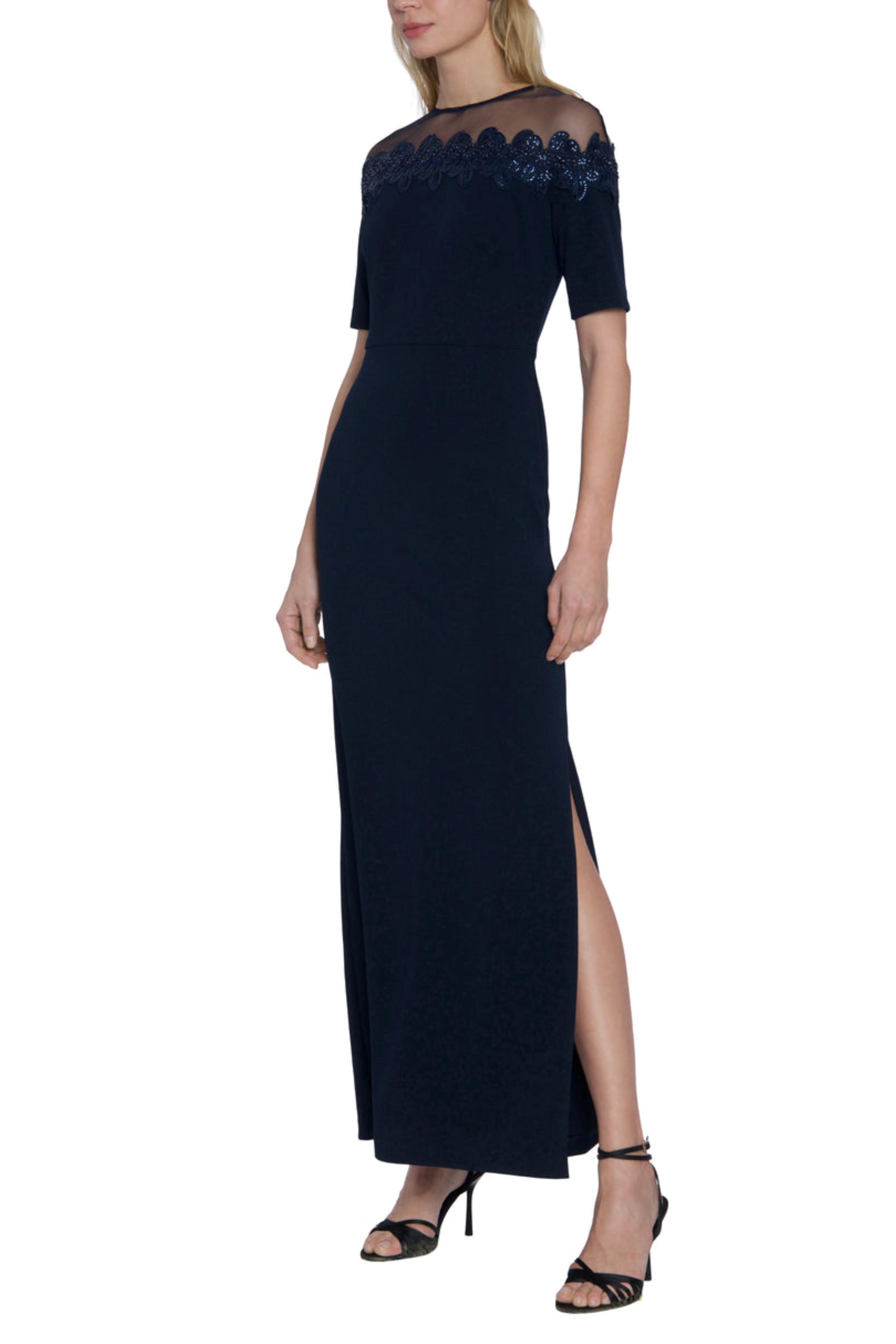 Embellished Illusion Neckline Twilight Navy Above the Elbow Sleeve Floral Print Sequin Beaded Dress by Maggy London G6212M