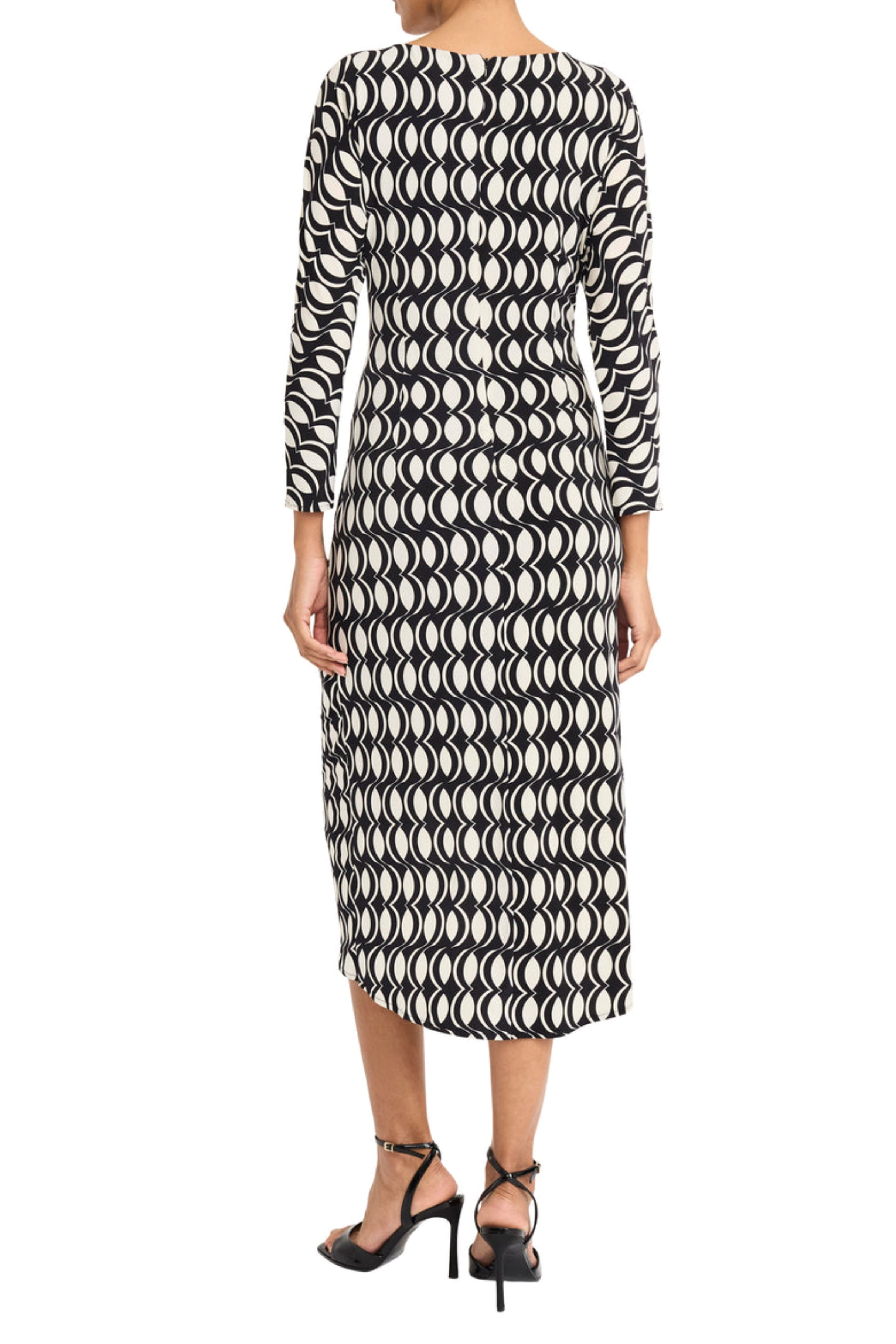 Long Sleeve Geo Print Black Ivory Crew Neckline Pleated High Low Jersey Midi Dress by Maggy London G6312M