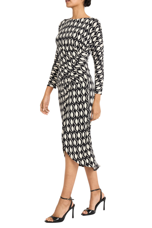 Long Sleeve Geo Print Black Ivory Crew Neckline Pleated High Low Jersey Midi Dress by Maggy London G6312M