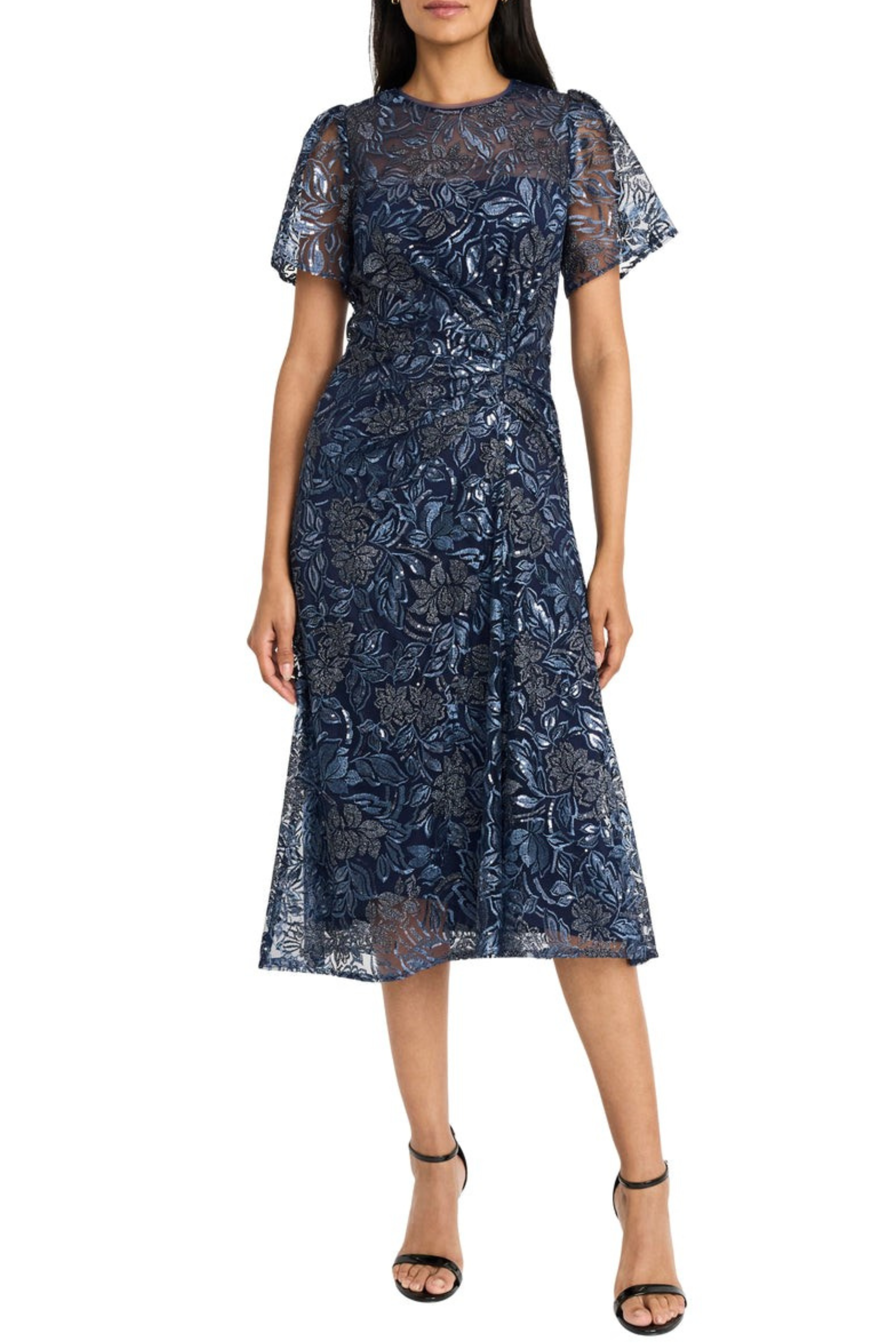 maggy london floral embroidered dress Shirred Side Flutter Sleeve Midi in Navy Recommended Care Classic Elegance at this Size:6 kids TS_Spring/Summer