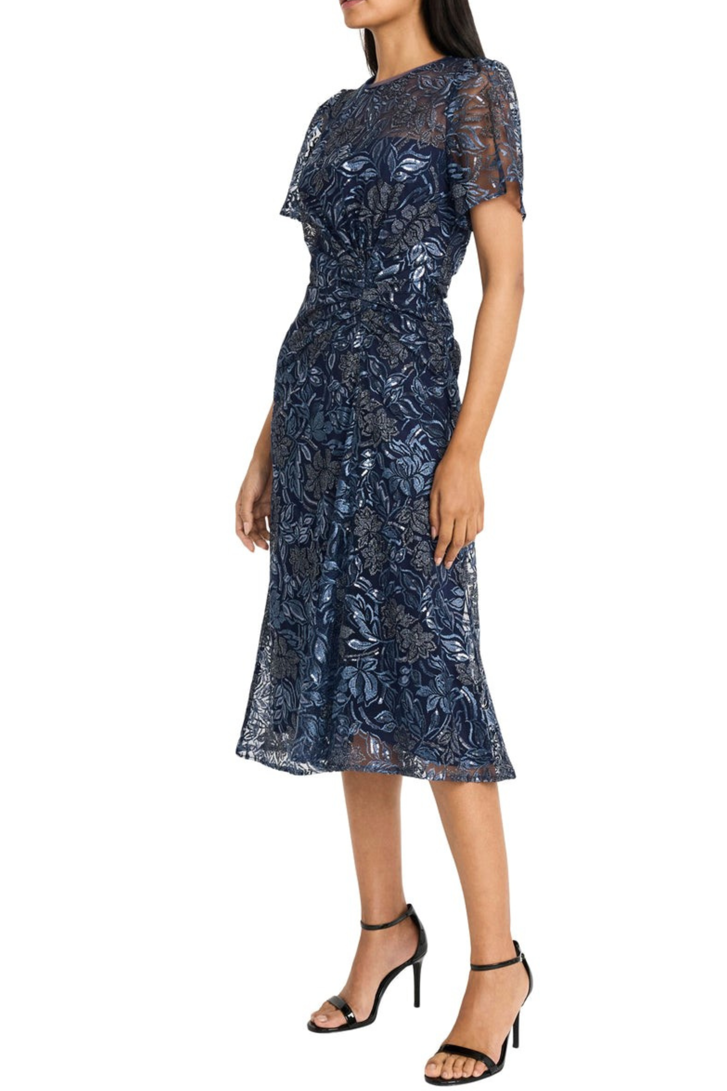 Floral Embroidery Mesh Navy Floral Print Ruched Evening Dress by Maggy London G6335M