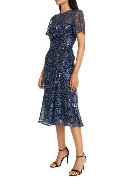 Floral Embroidery Mesh Navy Floral Print Ruched Evening Dress by Maggy London G6335M