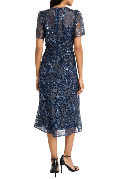 Floral Embroidery Mesh Navy Floral Print Ruched Evening Dress by Maggy London G6335M