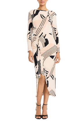 Maggy London G6414M Long Sleeve Twisted Neck Cream Black Geo Print High Low Jersey Midi Dress