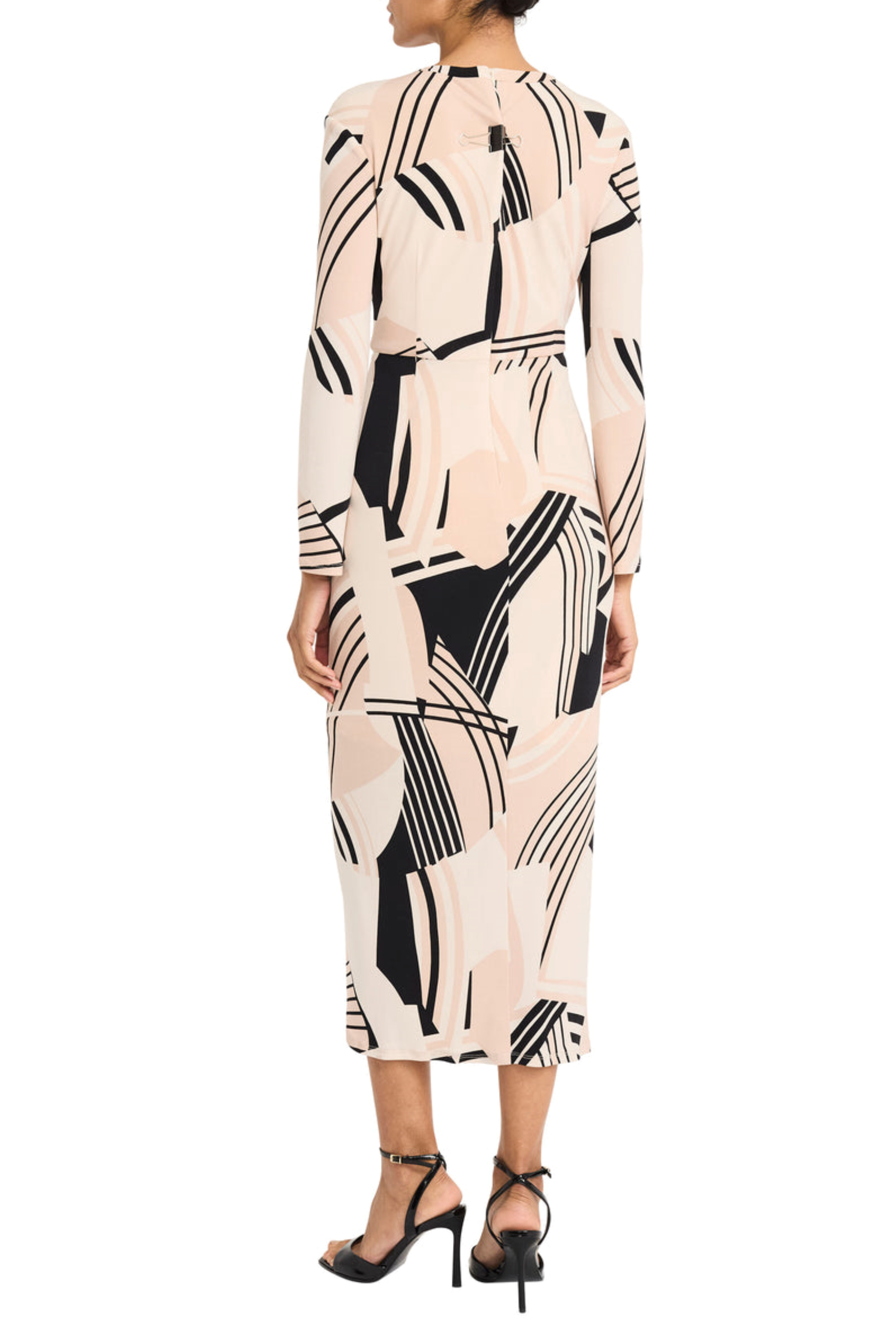 Long Sleeve Twisted Neck Cream Black Geo Print High Low Jersey Midi Dress by Maggy London G6414M